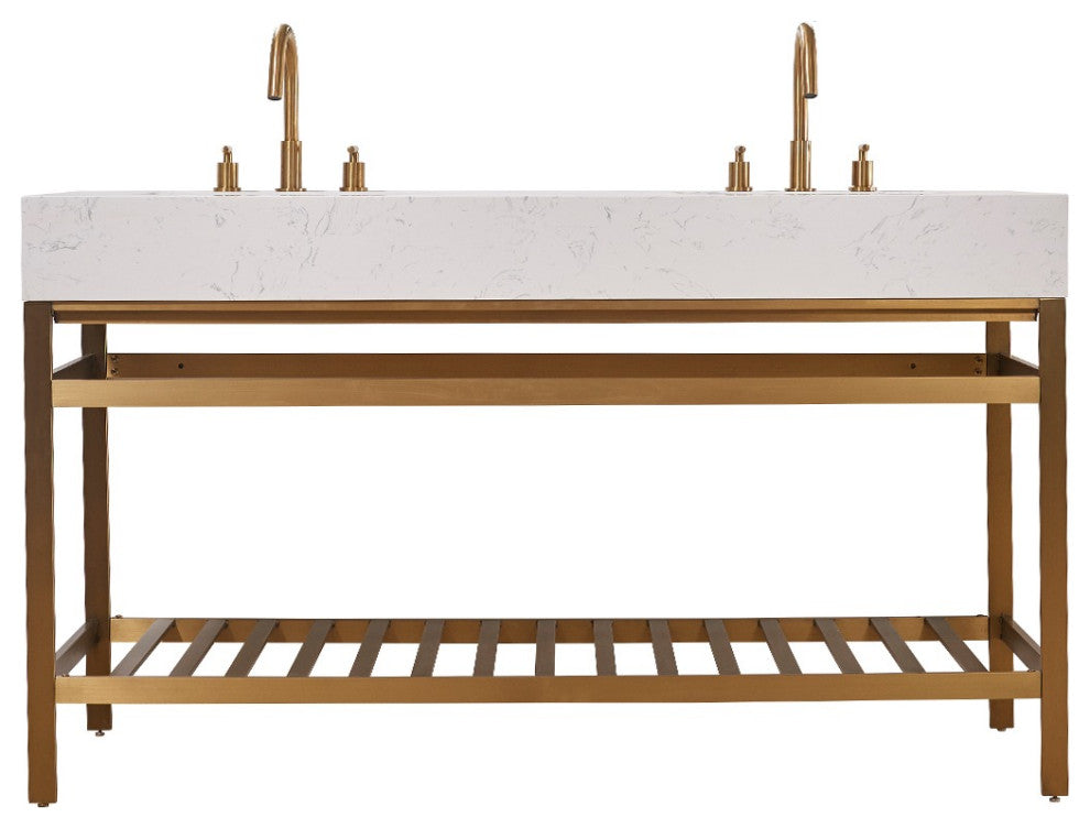 Merano Stainless Steel Vanity Console With Aosta White Stone Countertop, Brushed Gold, 60", No Mirror
