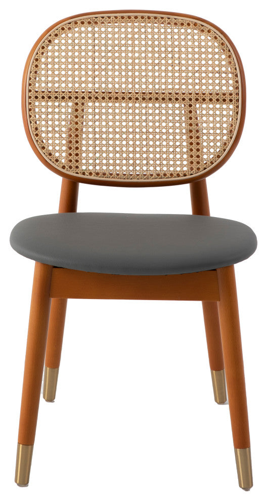 LeisureMod Holbeck Wicker Dining Chair With Leather Seat Set of 2, Grey