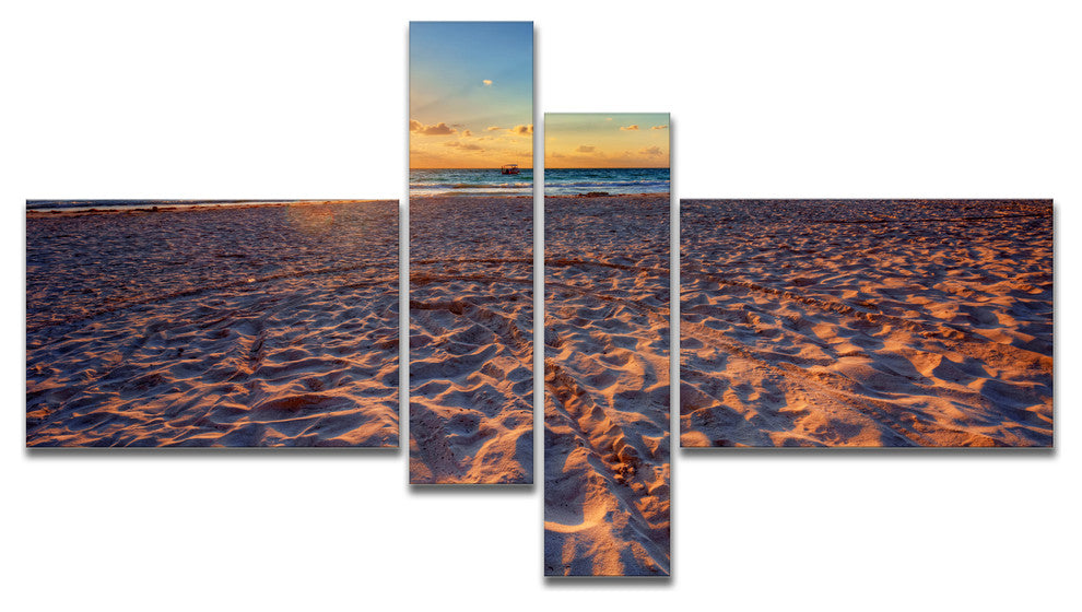 Trodden Sandy Beach at Sunset, Seashore Canvas Art Print, 60"x32", 4 panels