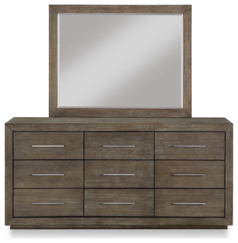 Benzara BM273405 9 Drawer Wood Dresser With Bar Handles, Distressed Taupe Brown