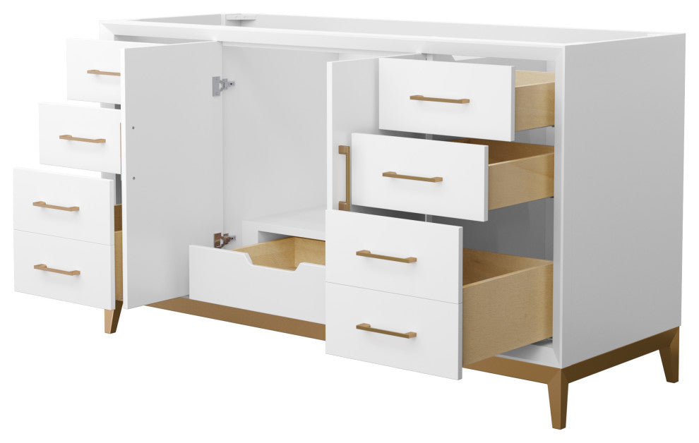 Amici 60" White Single Vanity, No Top, No Sink, Satin Bronze Trim