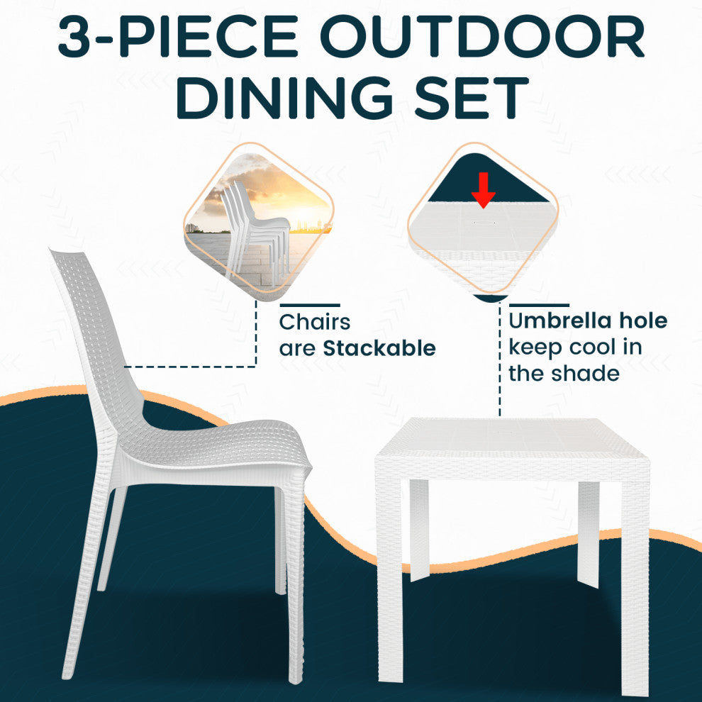 LeisureMod Kent Weave Design 3-Piece Outdoor Patio Dining Set, White