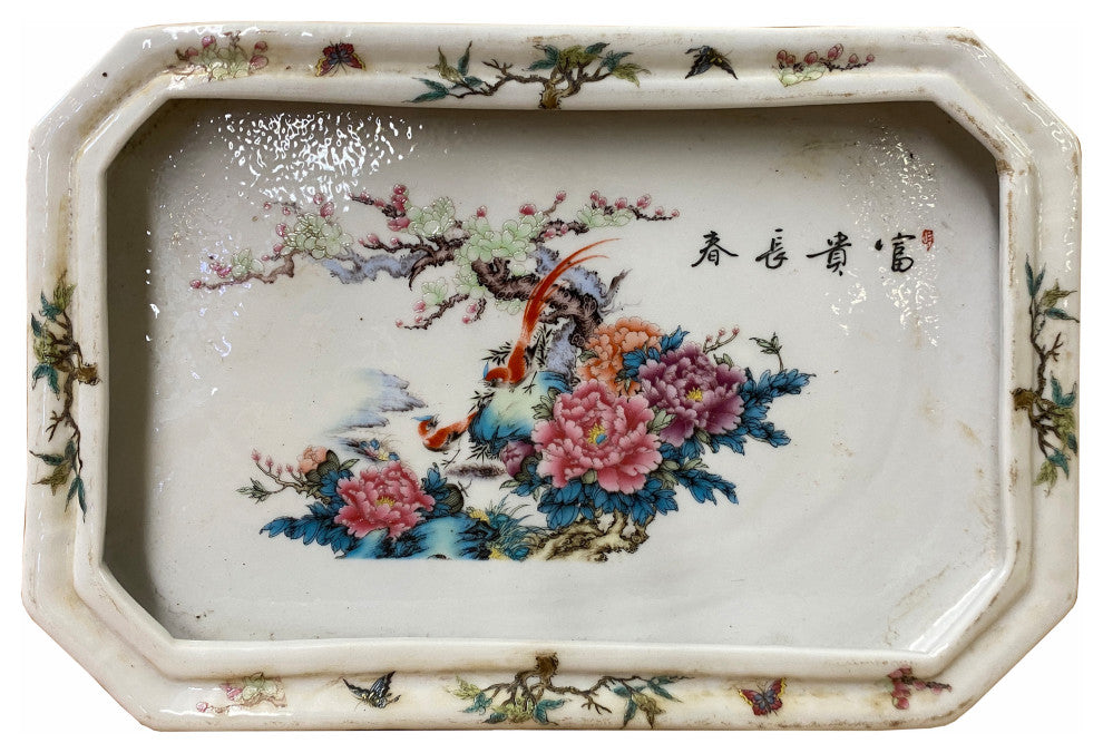 Chinese Off White Porcelain Flower Birds Rectangular Display Plate Hws1819