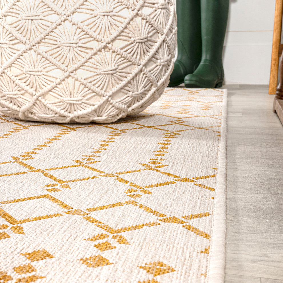 Ourika Moroccan Geometric Indoor/Outdoor Rug, Cream/Yellow, 5' Square