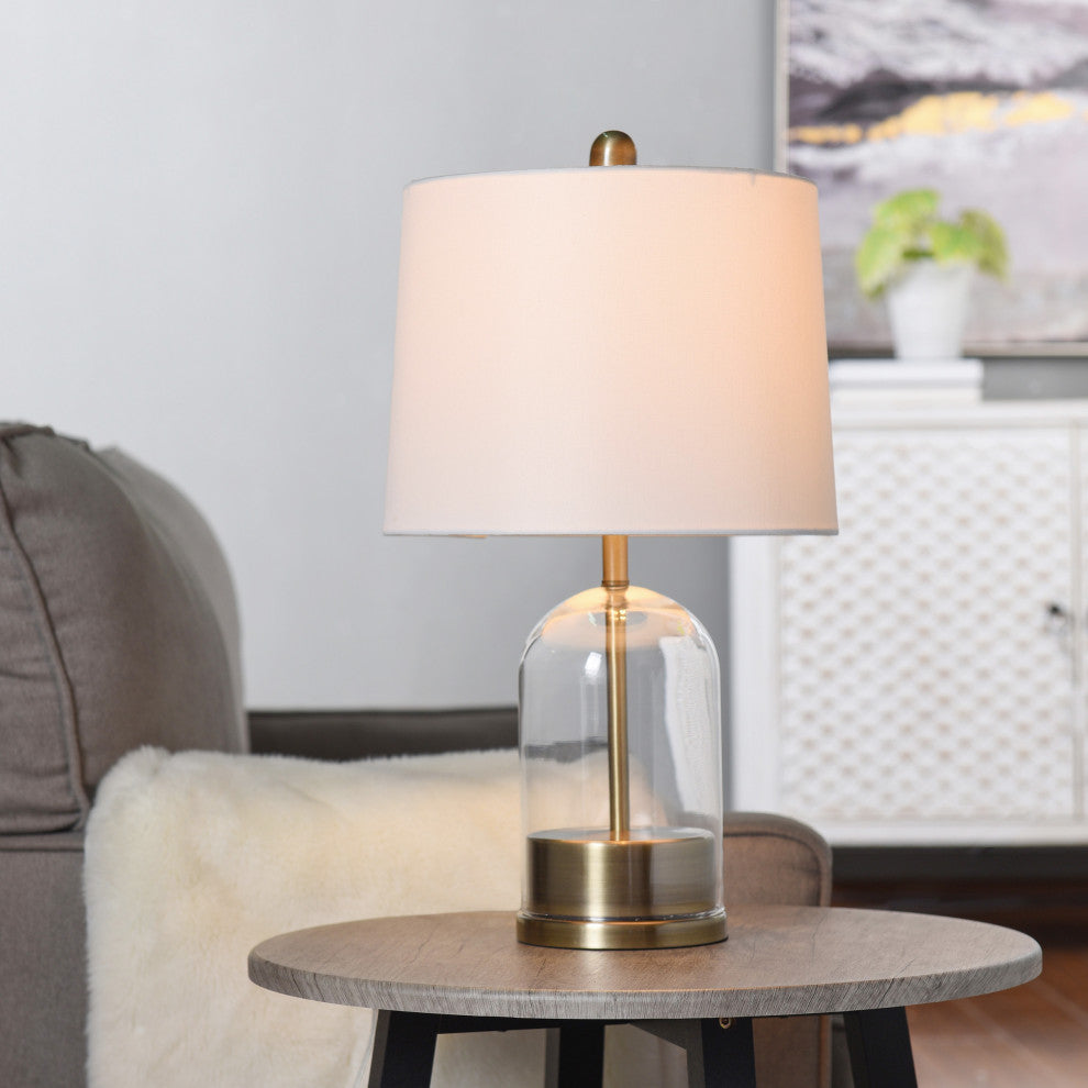 Glass Table Lamp Brushed Gold Finish White Linen Shade
