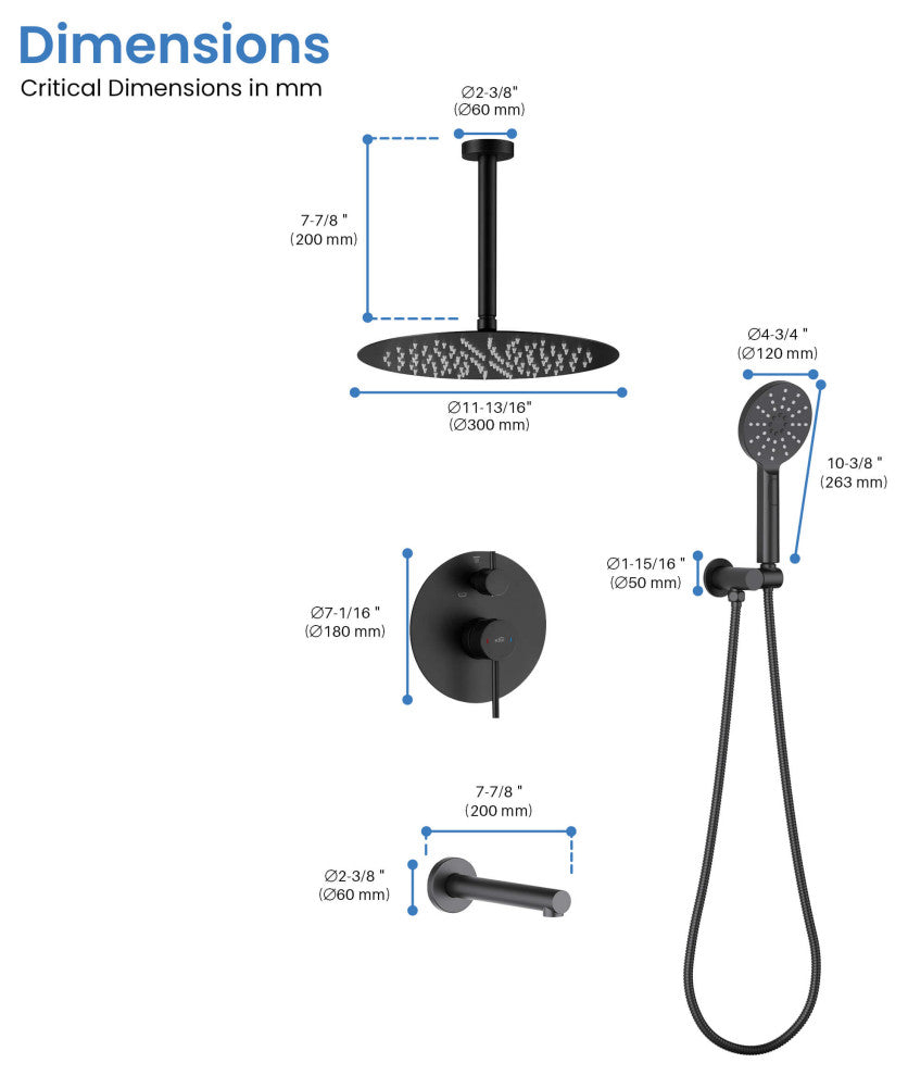Ceiling Mounted 3-Function Shower System, Rough, Valve, Matte Black