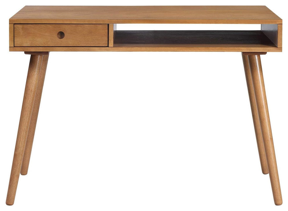 Versatile Walnut Desk with Open Cubby, Small Drawer for Home Office