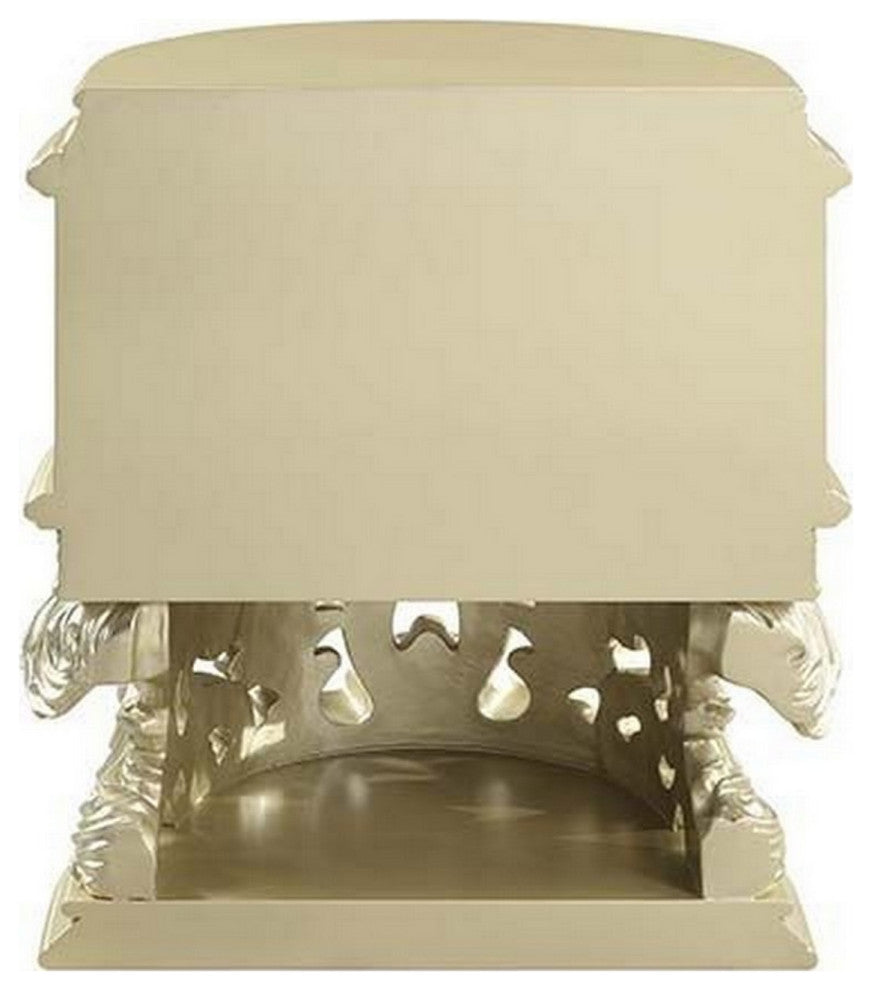 Benzara BM251164 Nightstand With Carvings and Half Moon Shape, Champagne Silver
