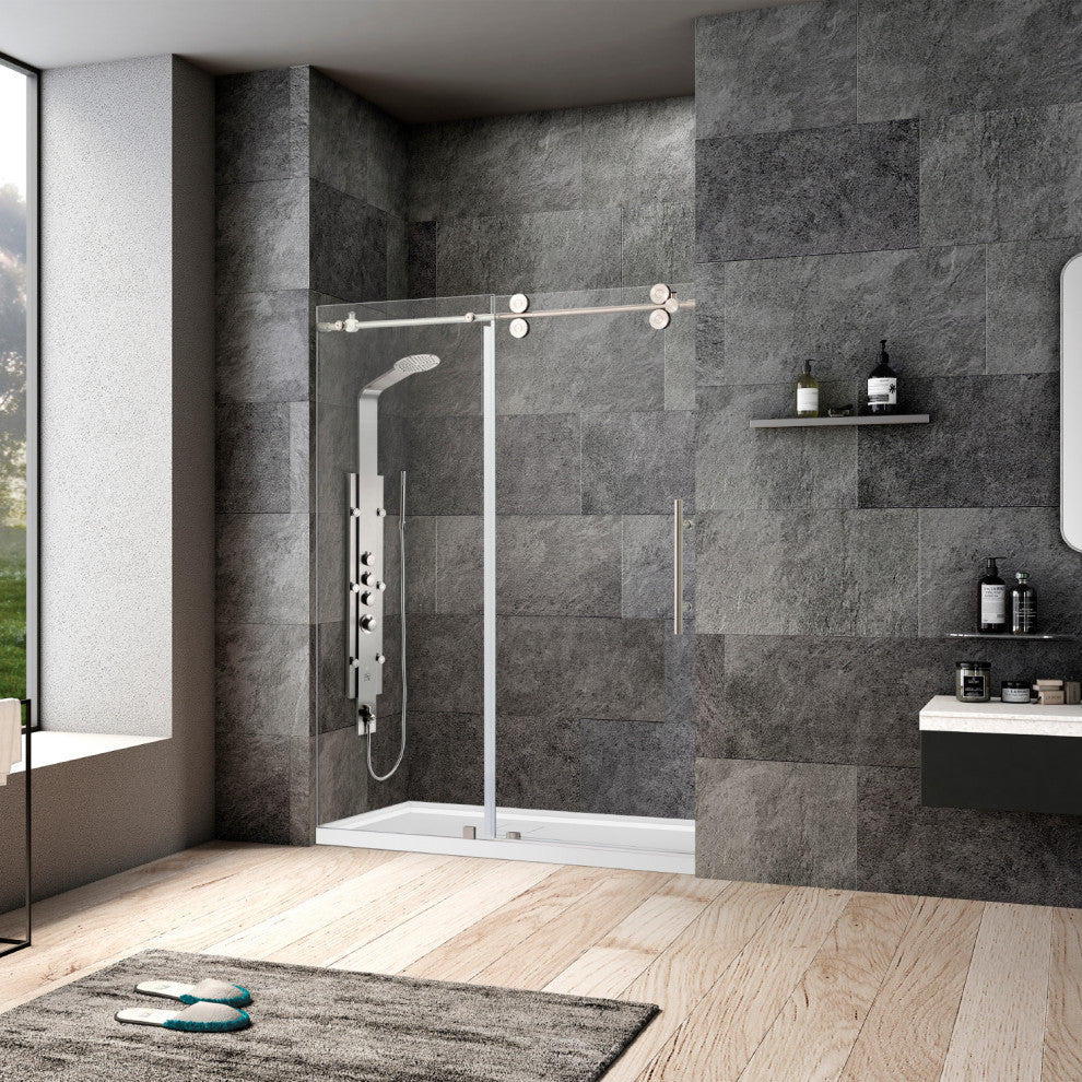 Villena Single Sliding Frameless Shower Door, Brushed Nickel, 60"