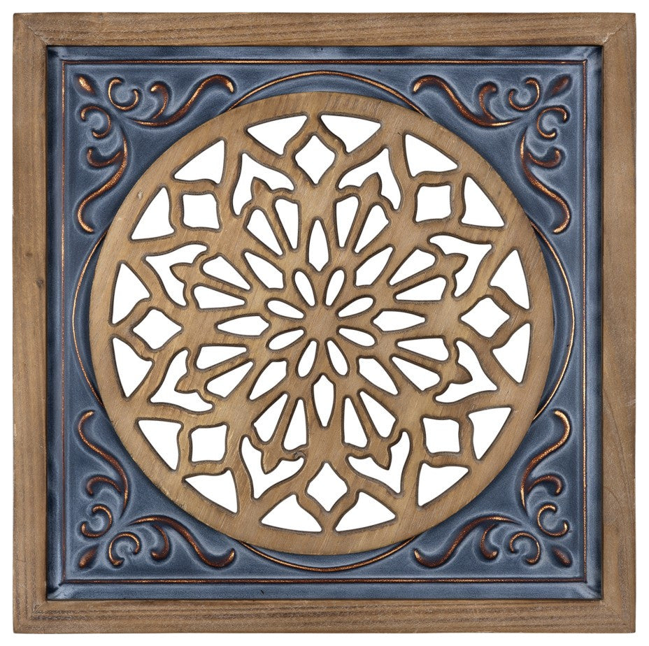 Blue Ethnic Wood and Metal Square Wall Plaque