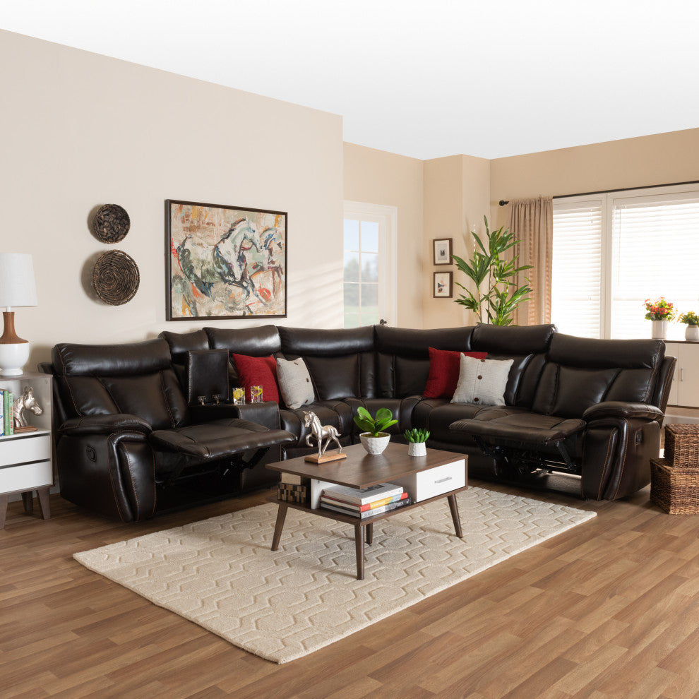 Lewis Dark Brown Faux Leather Upholstered 6-Piece Reclining Sectional Sofa