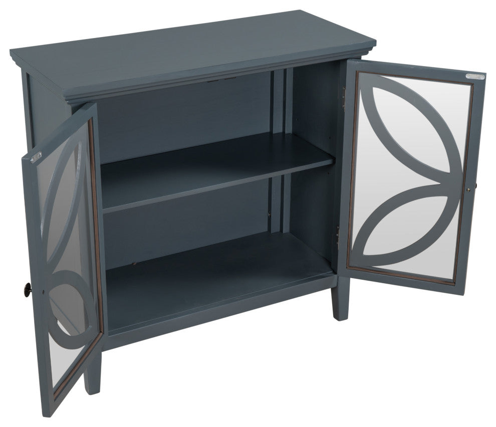 Wood Double Transparent Door Accent Cabinet with Adjustable Shelf, Navy Blue, 32