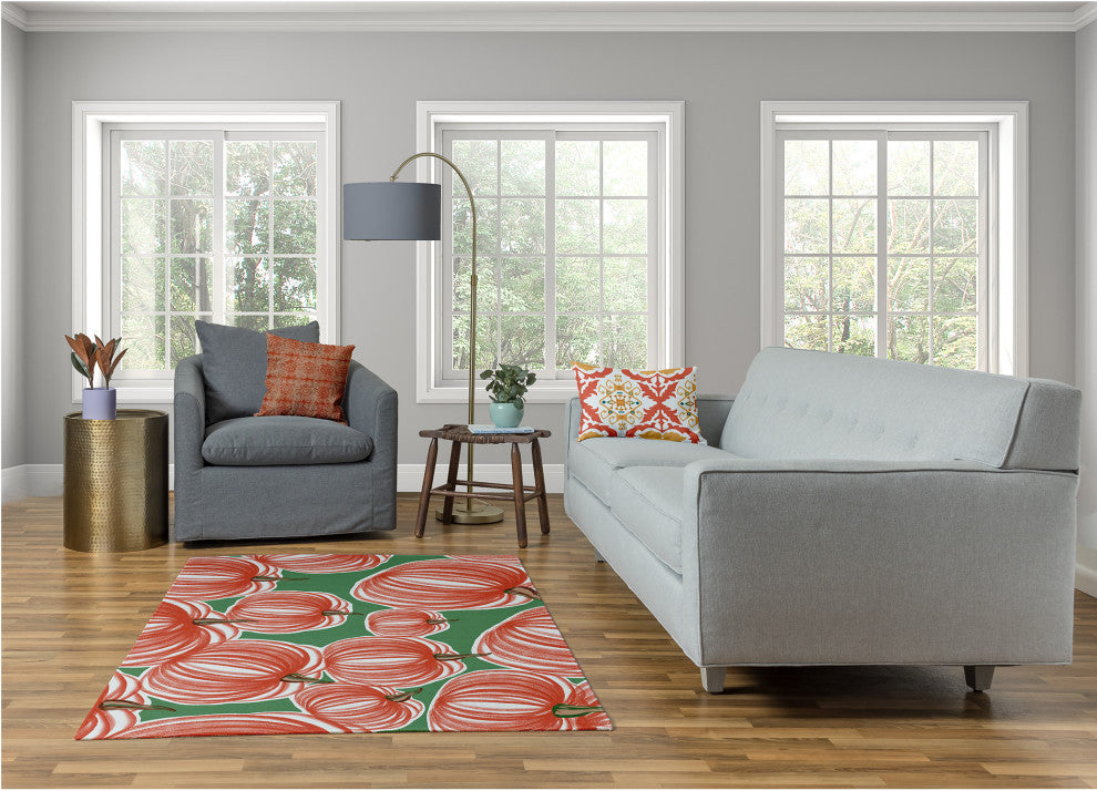 Pumpkins-A-Plenty Fall Design Chenille Area Rug, Orange-Green, 4'x6'