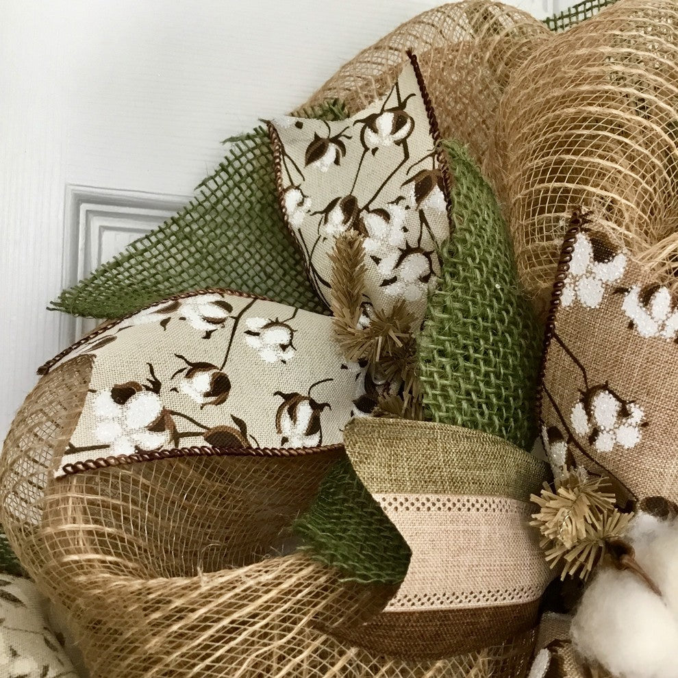 Handmade Deco Mesh Wreath, Cotton Blossom, Burlap