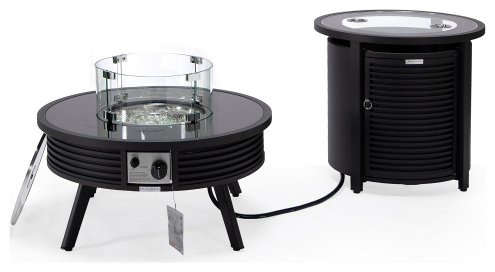 LeisureMod Walbrooke Round Fire Pit Table and Tank Holder With Slats, Black