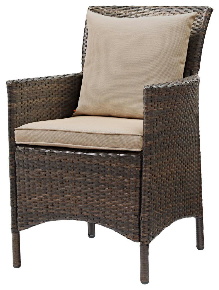 Side Dining Chair and Table Set, Rattan, Wicker, Brown Beige, Modern, Outdoor