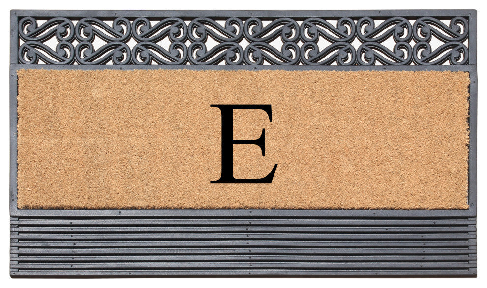 Rosewood Black/Beige 24"x36" Rubber And Coir Monogrammed Doormat, E