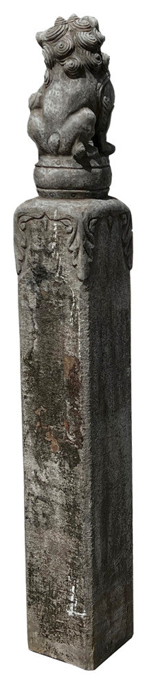 Chinese Pair Gray Stone Fengshui Foo Dogs Lion Slim Pole Statues Hcs7665