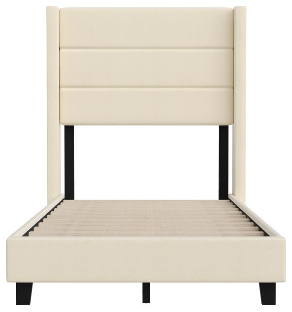 Hollis Upholstered Platform Bed with Wingback Headboard w/Mattress Foundation, Beige, Twin