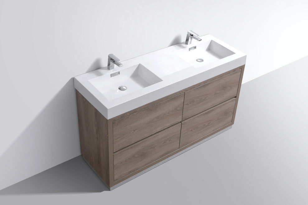 Bliss 60" Double Sink Free Standing Bathroom Vanity, Butternut