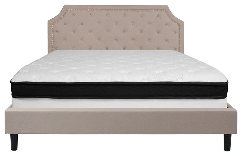 King Size Tufted Platform Bed in Beige Fabric with Memory Foam Mattress