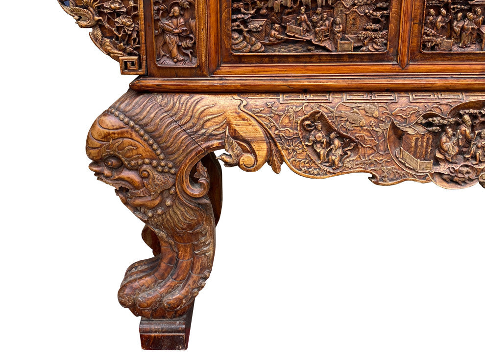 Chinese Vintage Opera Scenery Lion Heads Carving Long Altar Console  Hcs7795