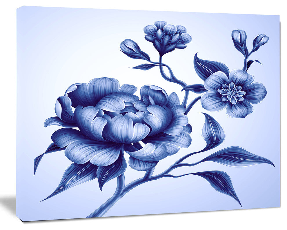 Blue Peony Rose and Sakura Flowers, Floral Canvas Art Print, 40"x30"