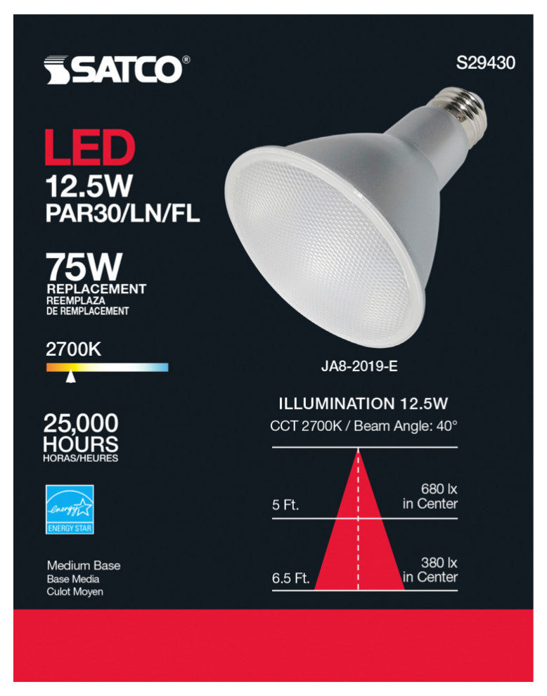 12.5 Watt PAR30LN LED 2700K 40 Degree Beam Angle Medium Base 120 Volt