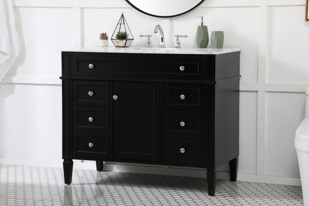 Home Living Vanity with Carrara White Marble Countertop, Black, 42", Single Sink