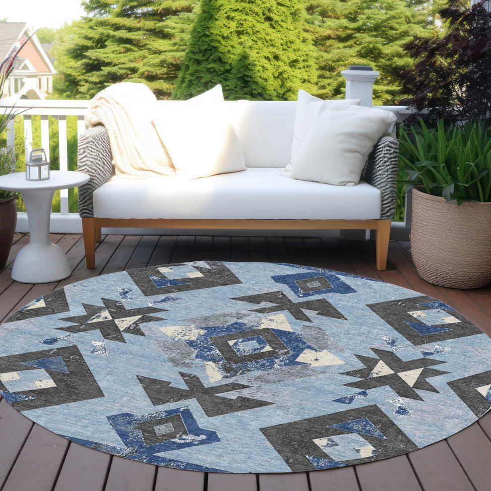 Machine Washable Indoor/Outdoor Chantille ACN1882 Blue 8' x 8' Round Rug