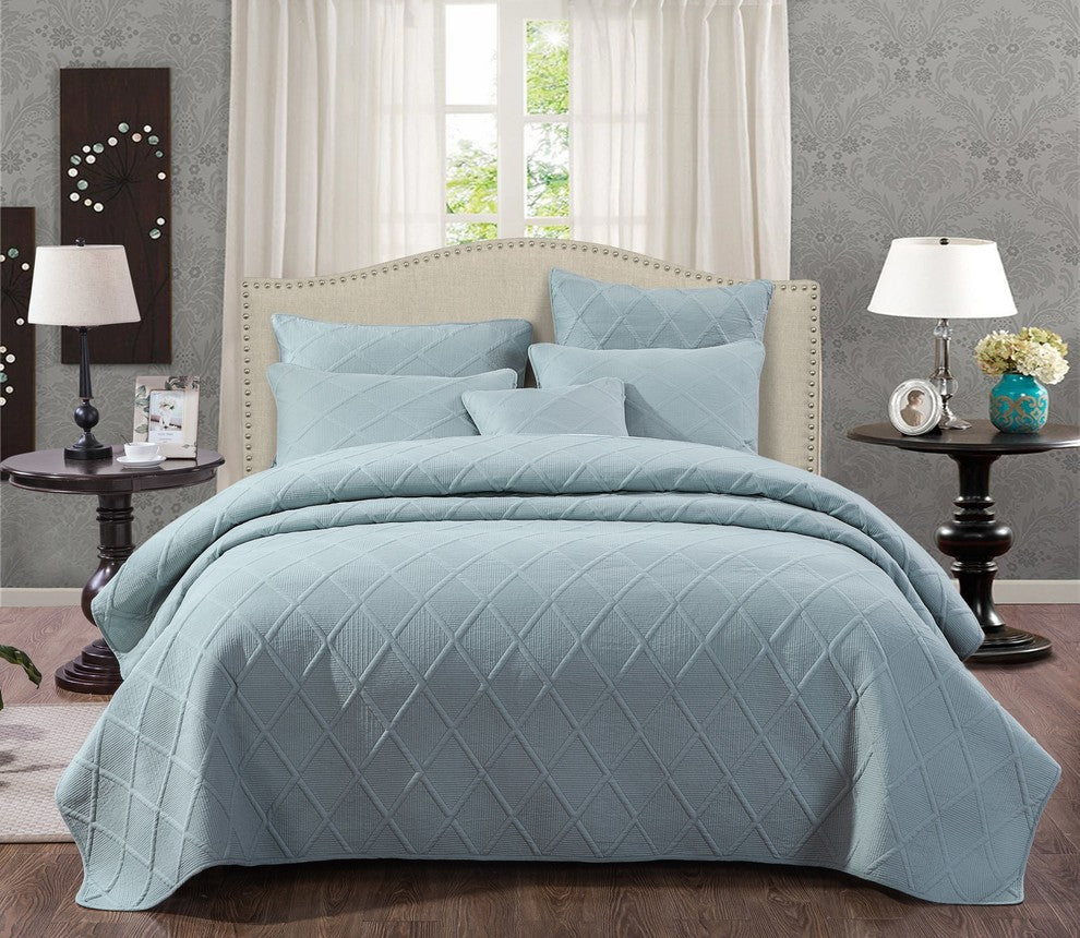 Seafoam Blue Diamond Pastel Cotton Bedspread Set, Queen