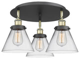 Cone-3 Light 20" Flush Mount-Black Antique Brass, Clear Glass Shade
