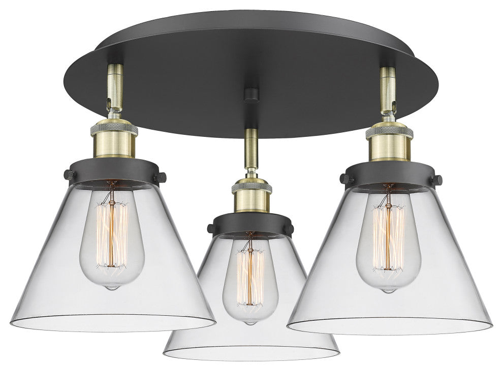 Cone-3 Light 20" Flush Mount-Black Antique Brass, Clear Glass Shade