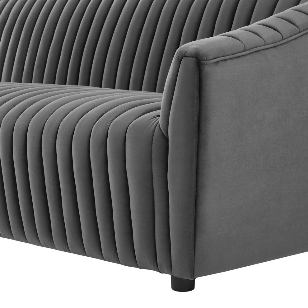 Tufted Sofa, Charcoal Gray, Velvet, Modern, Mid Century Hotel Lounge Cafe