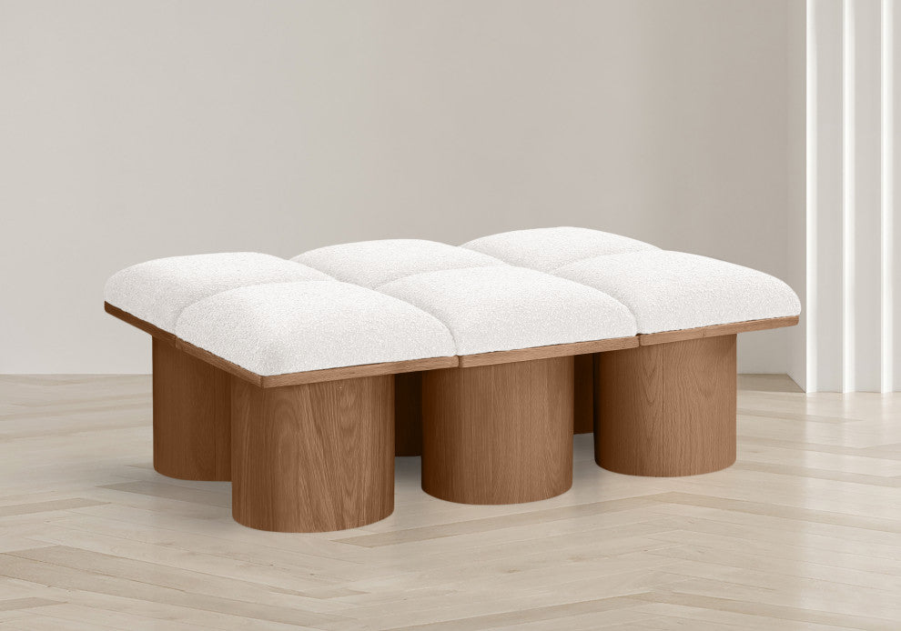 Pavilion Boucle Fabric Upholstered 6-Piece Modular Bench, Cream, Walnut Finish