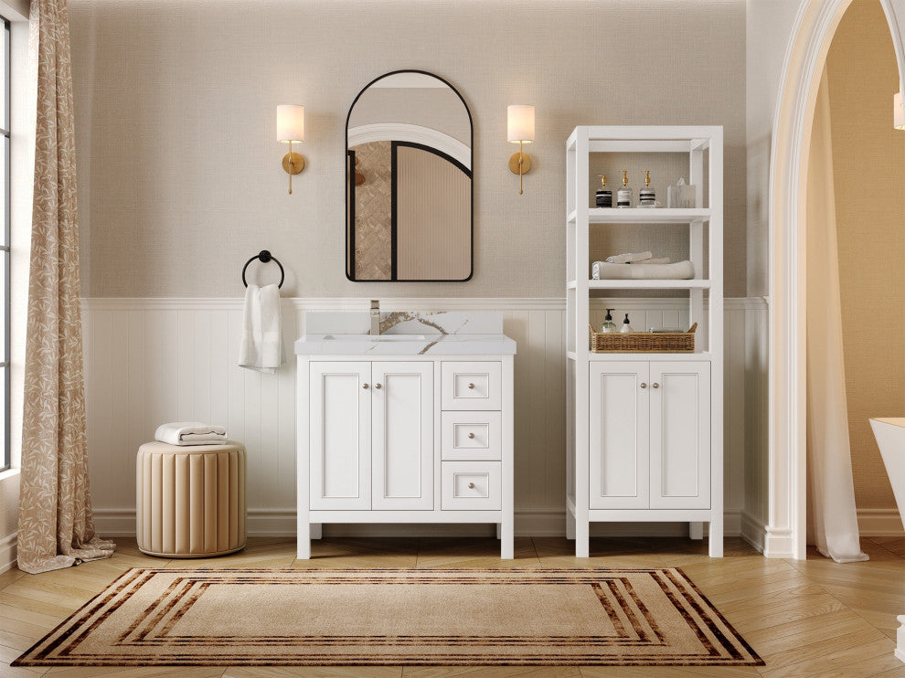 Nashville 36" Left Offset Bath Vanity, White 2" Calacatta Gold