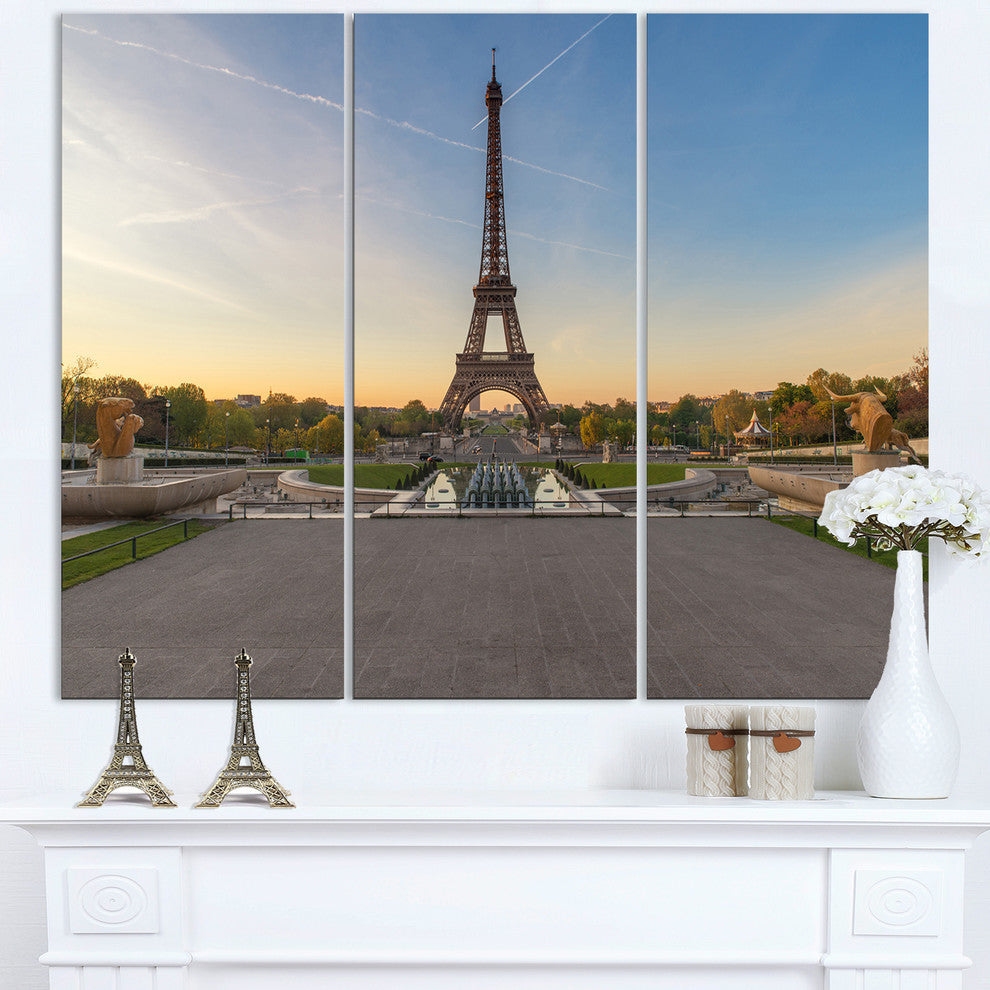 "Wide View of Paris Eiffel Tower at Sunrise" Metal Wall Art, 3 Panels, 36"x28"