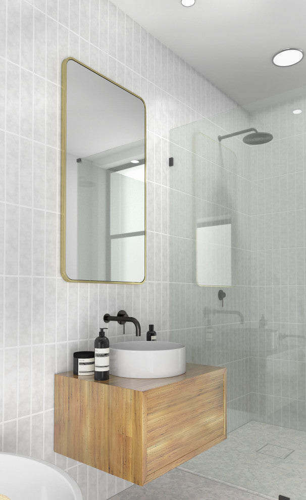 22" W X 40" H Radius Corner Stainless Steel Framed Mirror, Satin Brass