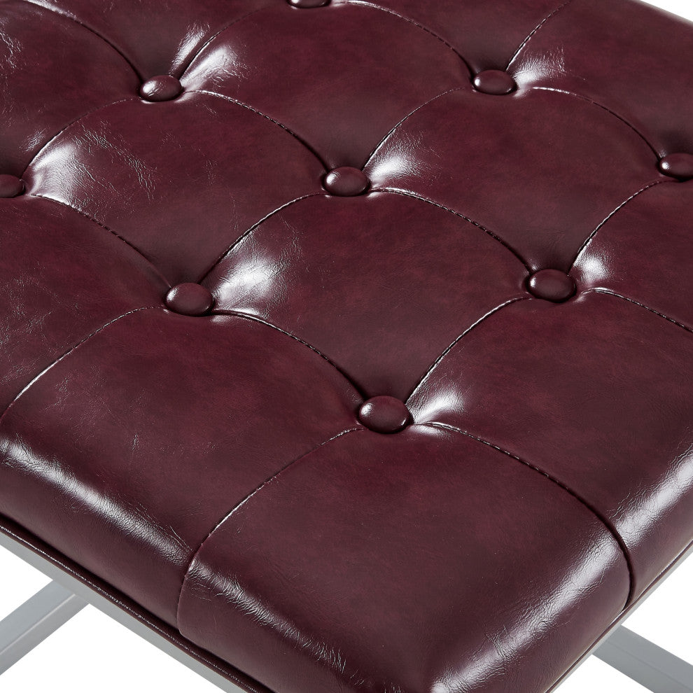 Teresa PU Leather Button Tufted Metal Frame Cube Ottoman, Purple