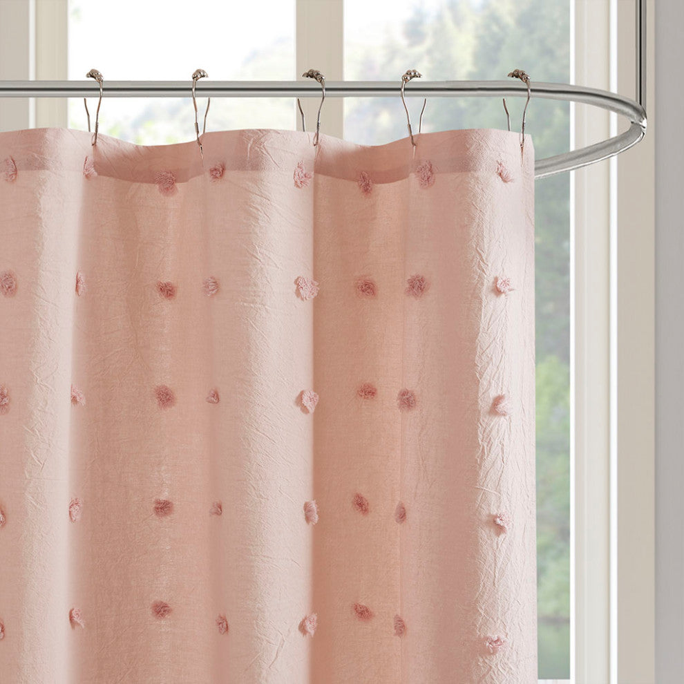 Urban Habitat Brooklyn Cotton Jacquard Pom-Pom Shower Curtain, Pink