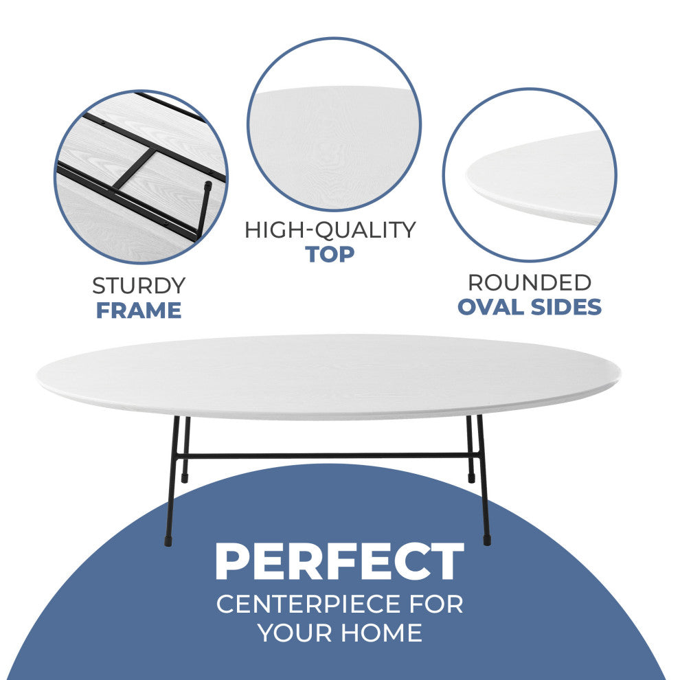 LeisureMod Rossmore Oval Coffee Table with Black Steel Frame, White