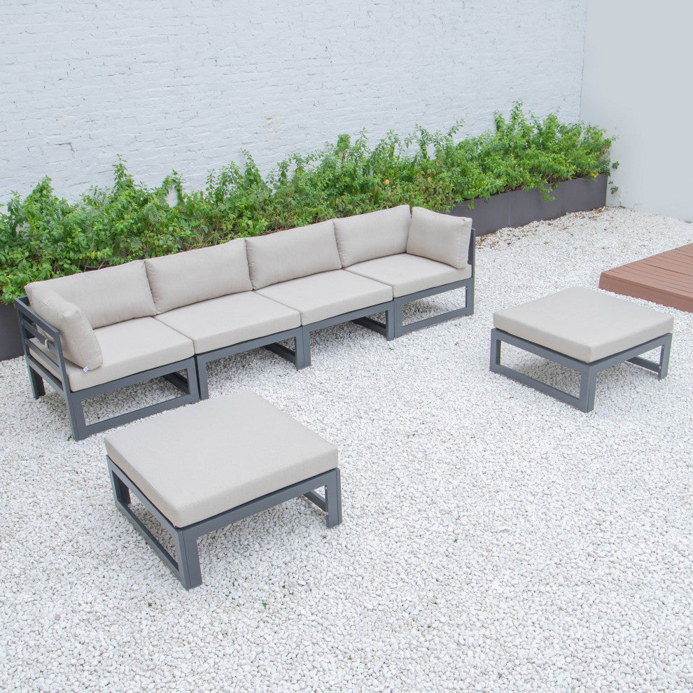 LeisureMod Chelsea 6-Piece Patio Ottoman Sectional Black Aluminum, Beige