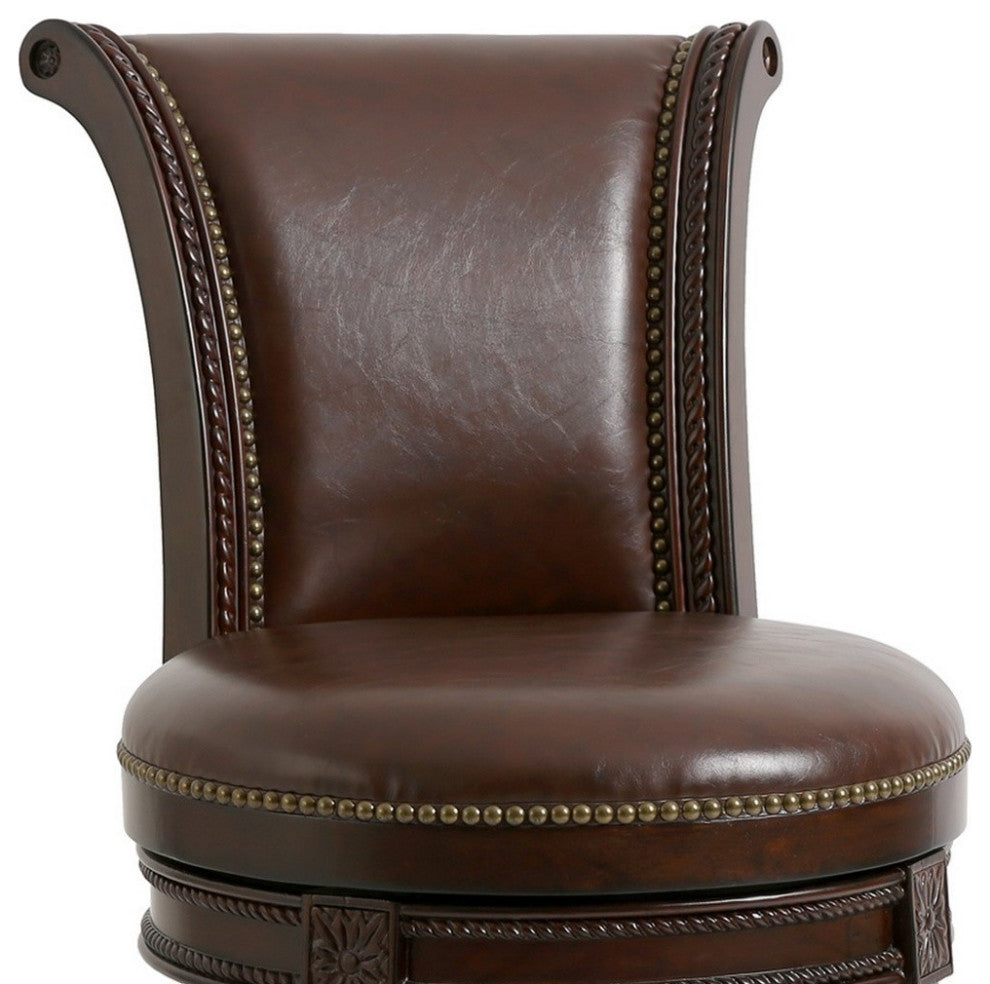 25" Dark Brown Faux Leather and Solid Wood Counter Height Swivel Bar Chair