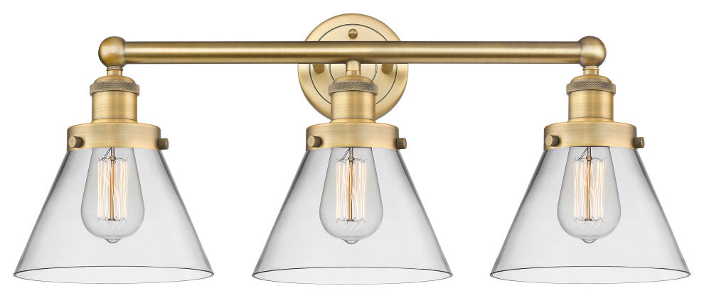 Edison Large Cone 3-Light 26" Vanity Light, Brushed Brass Finish, Clear Shade