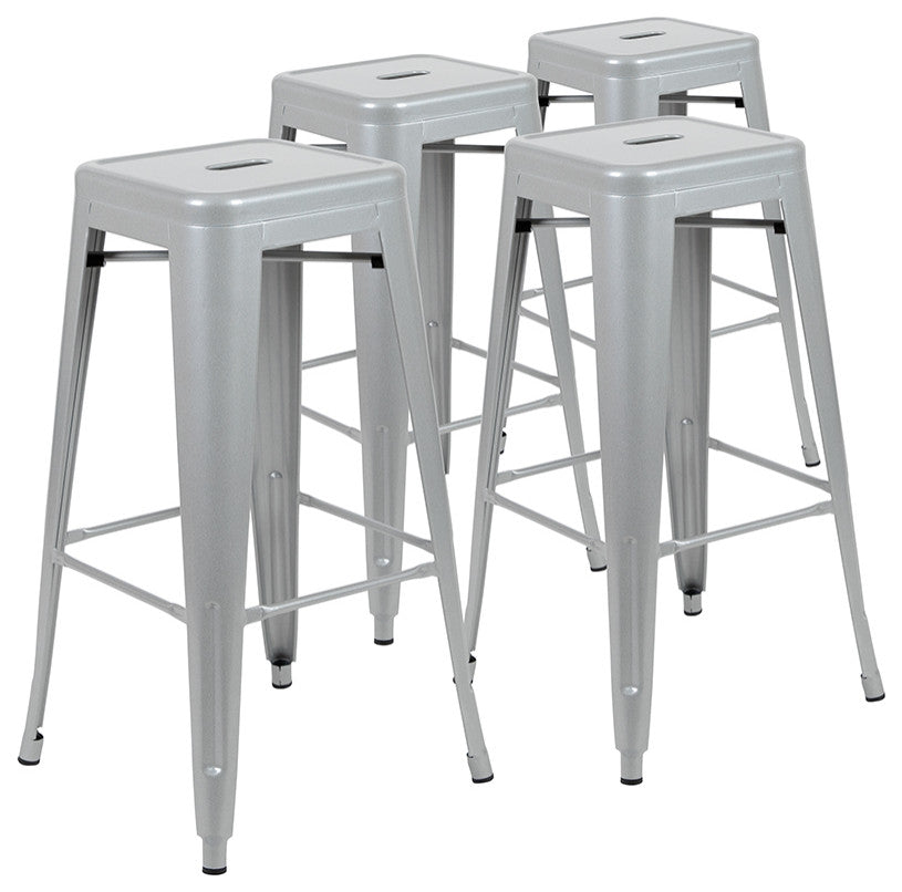 30" Metal Indoor Bar Stool, Stackable Set of 4, Silver
