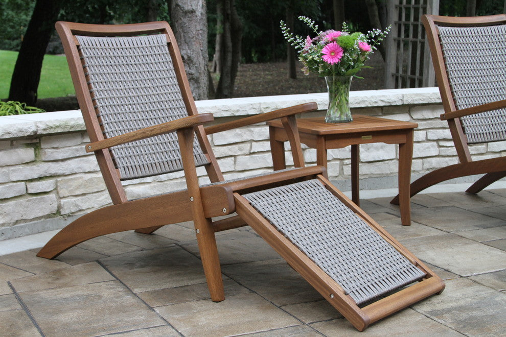 Gray Wicker and Eucalyptus Lounger With Built-In Ottoman