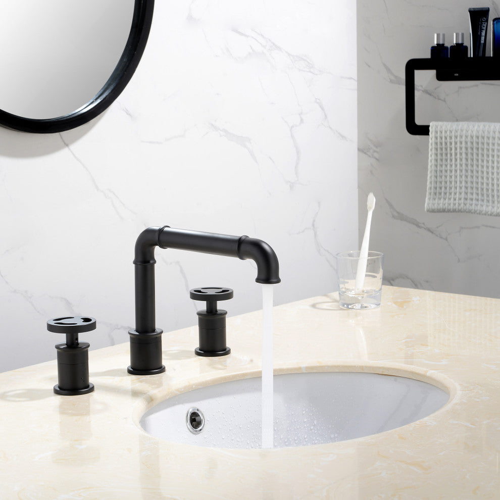 Deck Mounted Dual Handles Modern Industrial Style Bathroom Sink Faucet, Matte Bl