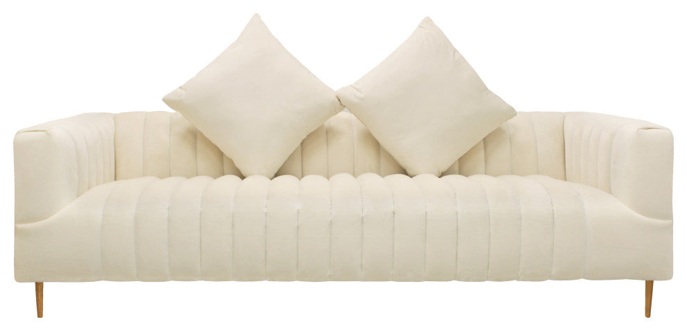 Ruth Sofa, Ivory, Gold Tone Metal Legs, 2 Toss Pillows