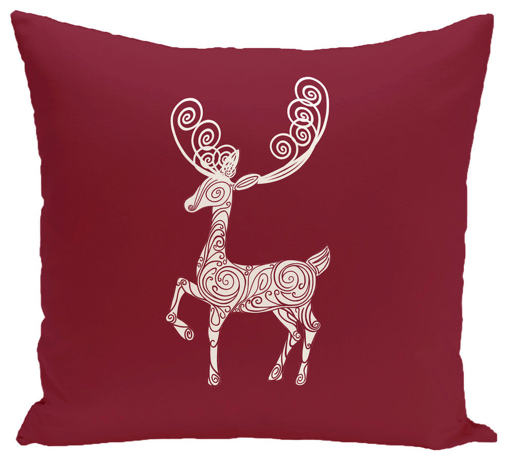 Deer Crossing, Decorative Holiday Animal Print Pillow, Cranberry, 18"x18"