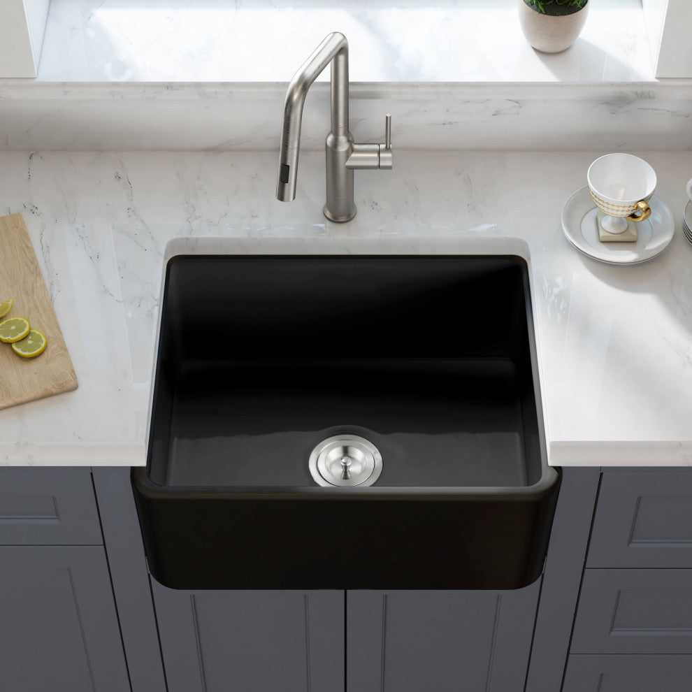 Pure 24" Fireclay Kitchen Farmhouse Apron Front Single Bowl Sink, Matte Black